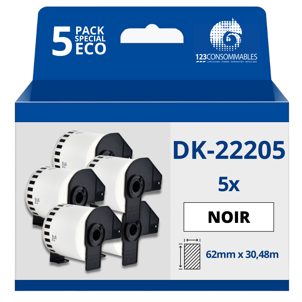 Pack de 5 Rouleaux Étiquettes compatible avec BROTHER DK-22205 - Largeur 62 mm x 30,48 mètres - Texte noir sur fond blanc