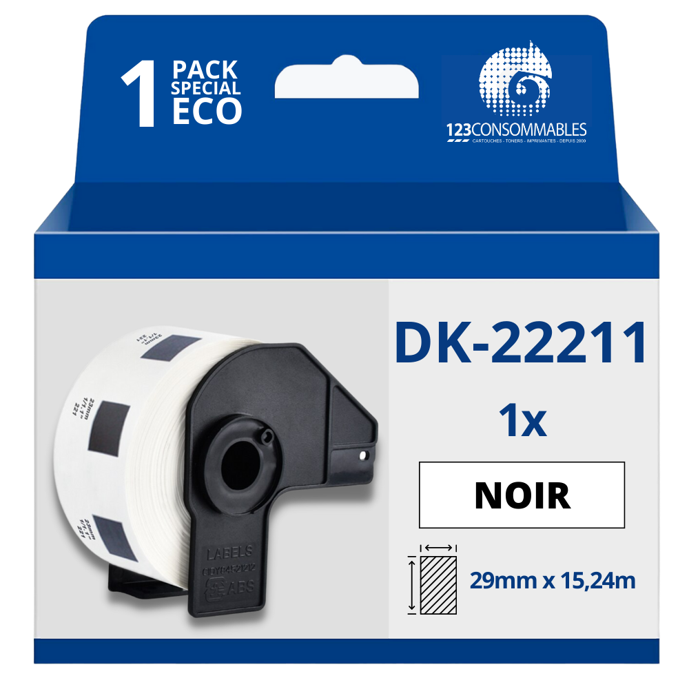 Étiquettes compatibles Brother DK22211 - Largeur 29 mm x 15,24 mètres - Texte noir sur fond blanc