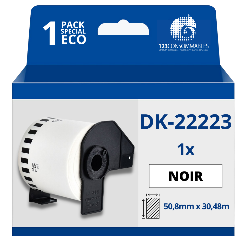 Étiquettes compatibles Brother DK22223 - Largeur 50 mm x 30,48 mètres - Texte noir sur fond blanc