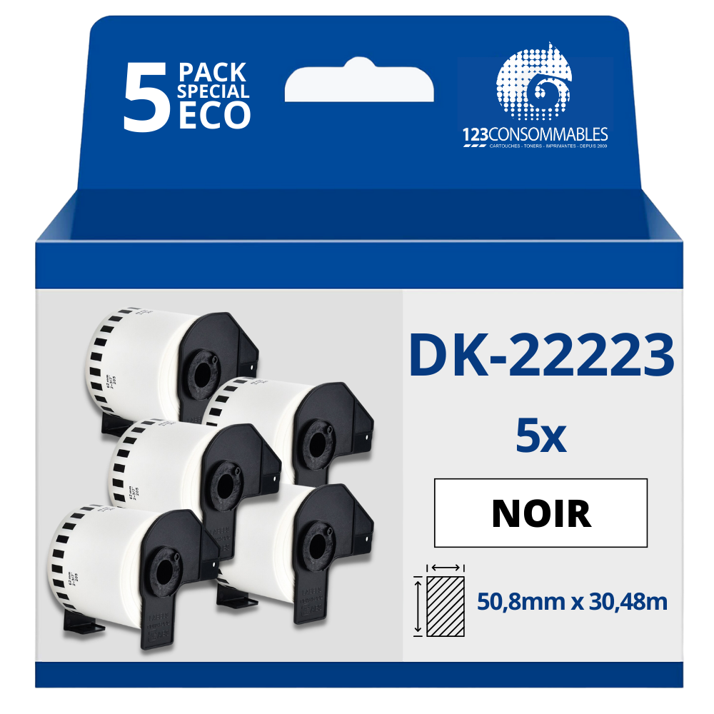 Pack de 5 Rouleaux Étiquettes compatible BROTHER DK-22223 - Largeur 50 mm x 30,48 m