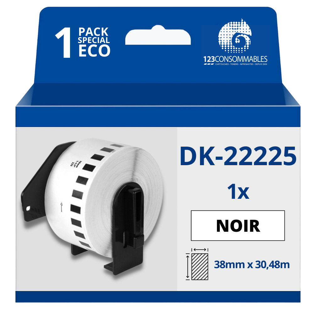 Étiquettes compatibles Brother DK22225 - Largeur 38 mm x 30,48 mètres - Texte noir sur fond blanc