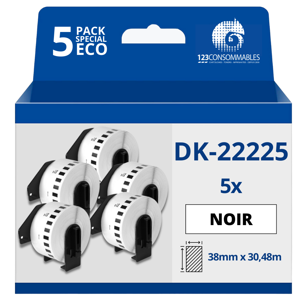 Pack de 5 Rouleaux Étiquettes compatible BROTHER DK-22225 - Largeur 38 mm x 30,48 m