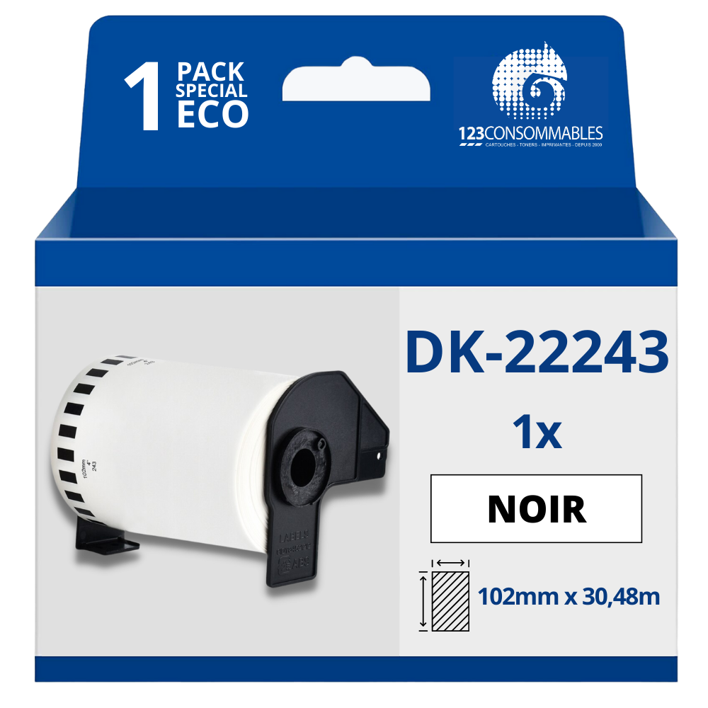 Étiquettes compatibles Brother DK22243 - Largeur 102 mm x 30,48 mètres - Texte noir sur fond blanc