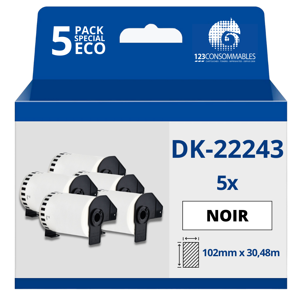 Pack de 5 Rouleaux Étiquettes compatible BROTHER DK-22243 - Largeur 102 mm x 30,48 m