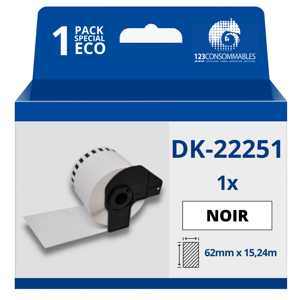 Étiquettes compatibles Brother DK22251 - Largeur 62 mm x 15,24 mètres - Texte rouge et noir sur fond blanc