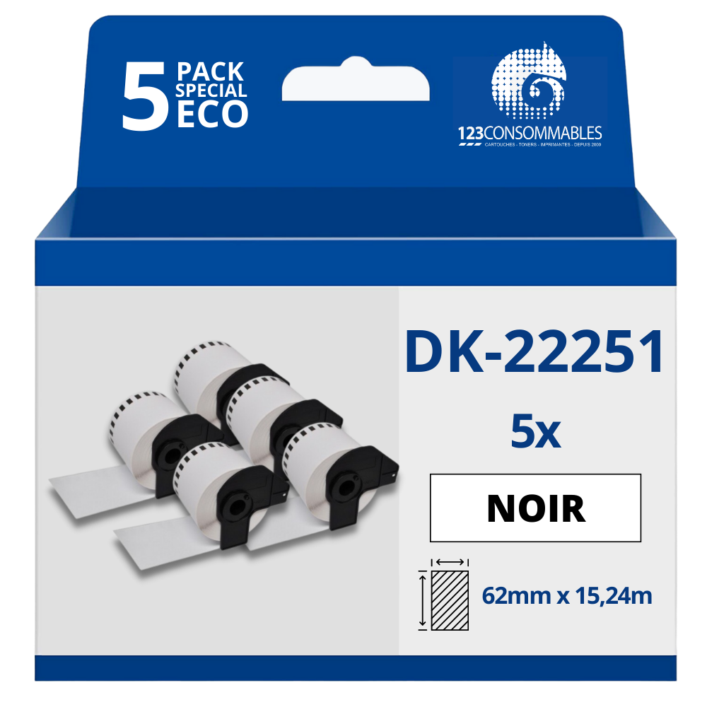 Pack de 5 Rouleaux Étiquettes compatible BROTHER DK-22251 - Largeur 62 mm x 15,24 m - Texte rouge et noir sur fond blanc