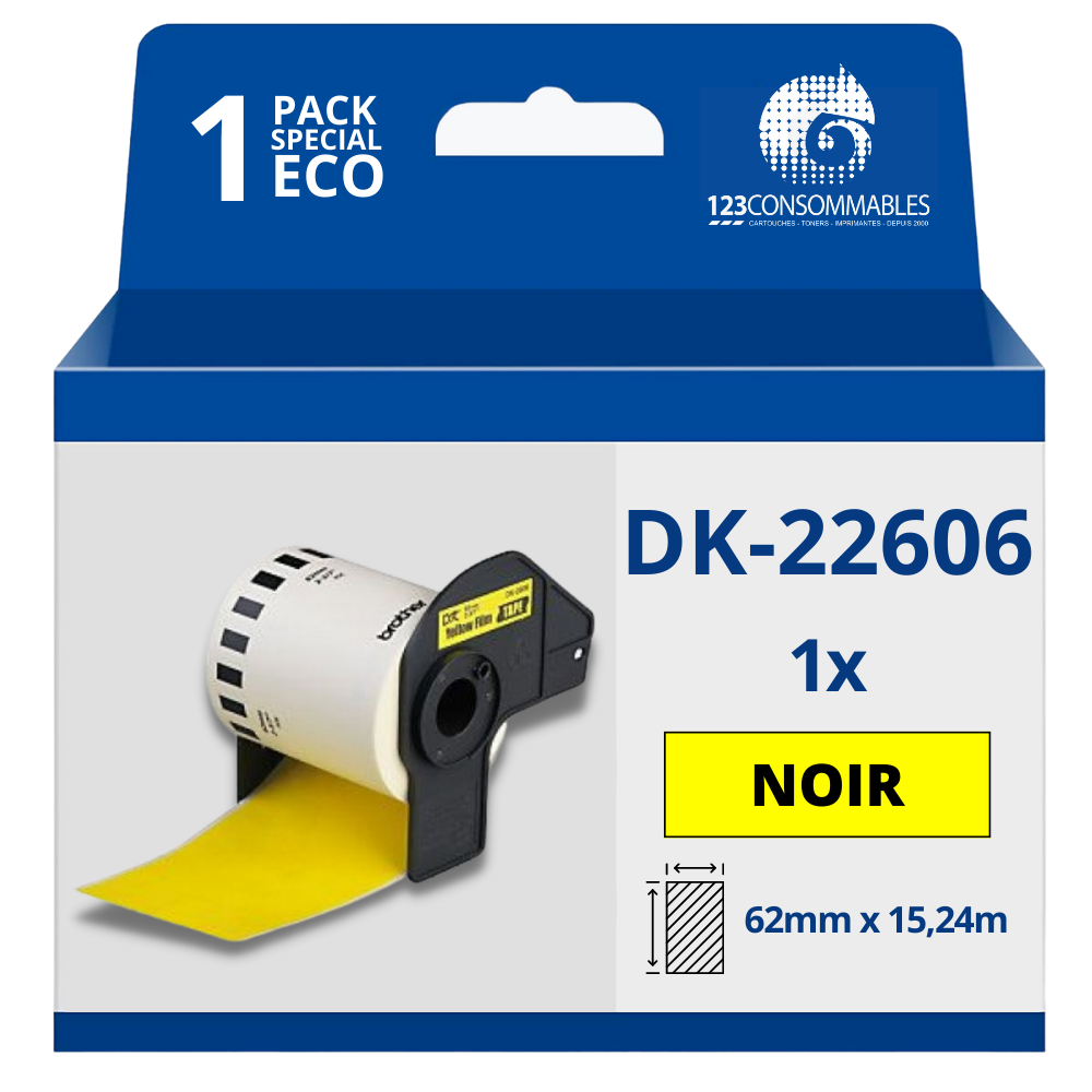 Étiquettes compatibles Brother DK22606 - Largeur 62 mm x 15,24 mètres - Texte noir sur fond jaune