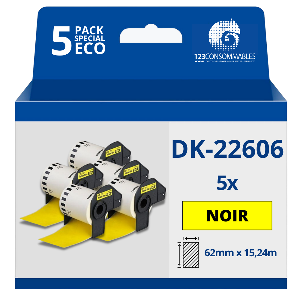 Pack de 5 Rouleaux Étiquettes compatible BROTHER DK-22606 - Largeur 62 mm x 15,24 m - Texte noir sur fond jaune