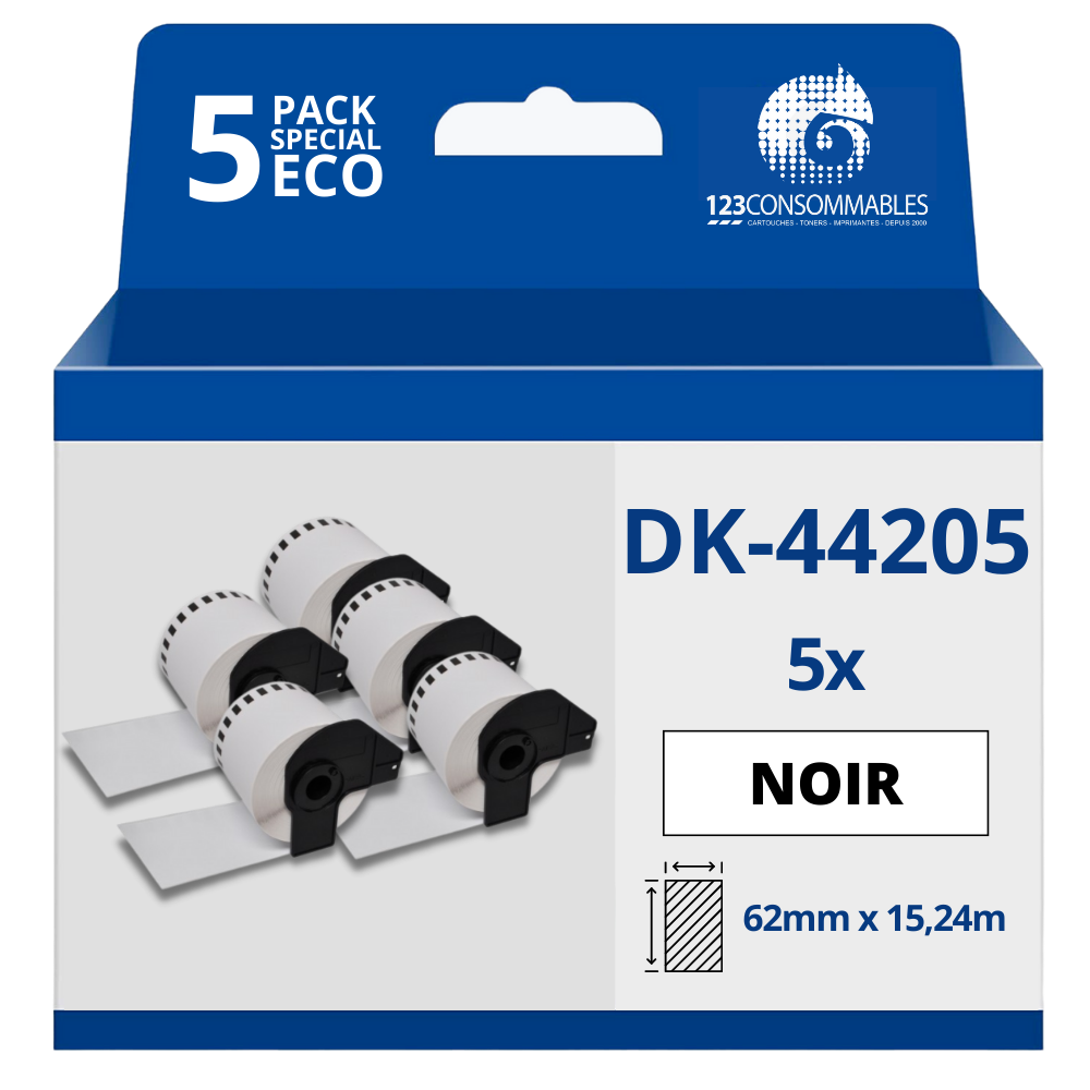 Pack de 5 Rouleaux Étiquettes amovibles compatible BROTHER DK-44205 - Largeur 62 mm x 15,24 m