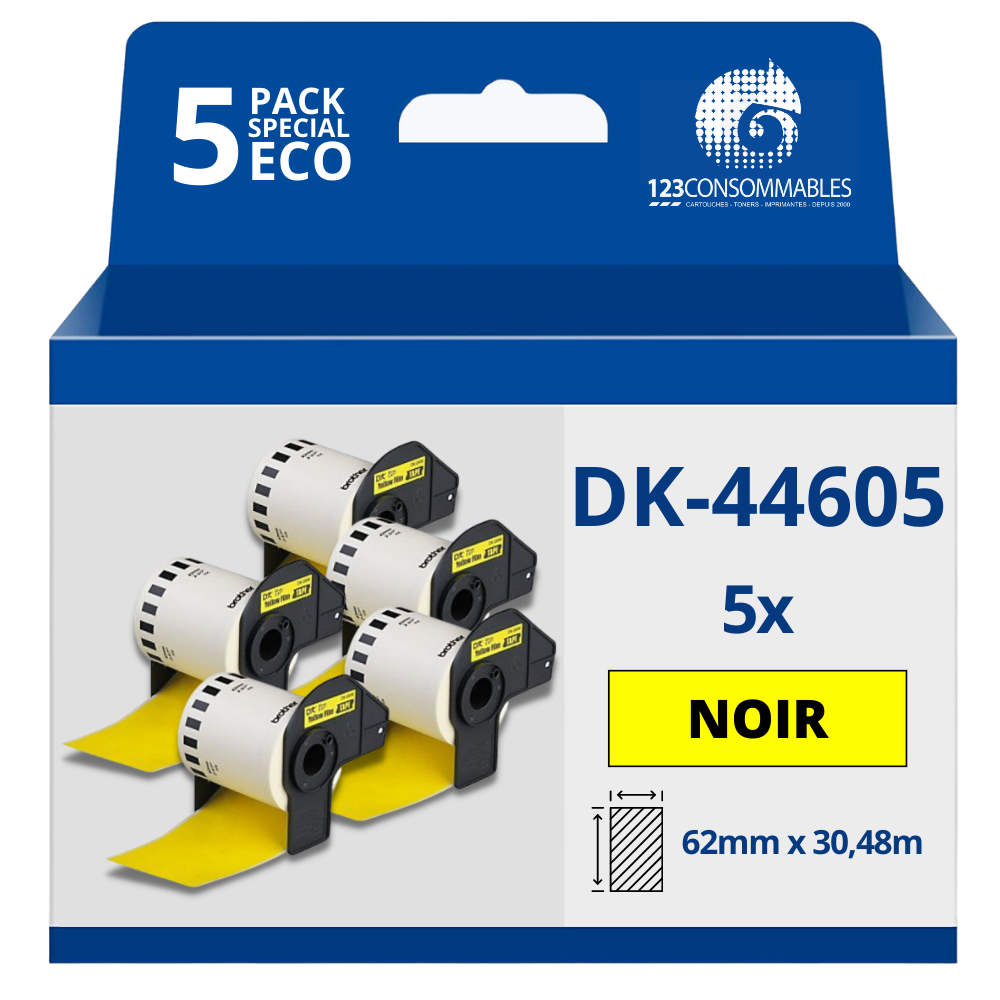 Pack de 5 Rouleaux Étiquettes amovibles compatible BROTHER DK-44605 - Largeur 62 mm x 30,48 m - Texte noir sur fond jaune