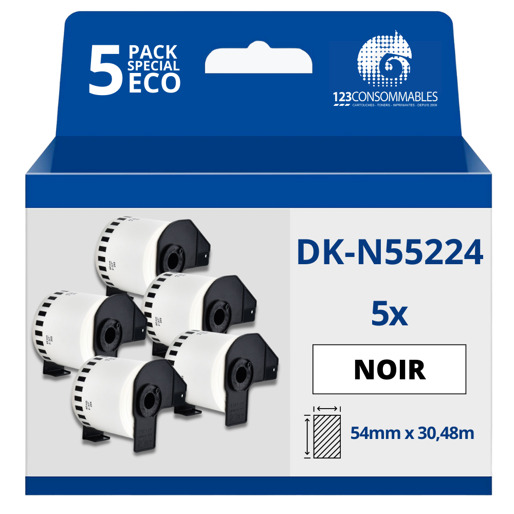 ✓ Pack de 5 Rouleaux Étiquettes non adhésives compatible BROTHER DK-N55224  - Largeur 54 mm x 30,48 m en stock - 123CONSOMMABLES