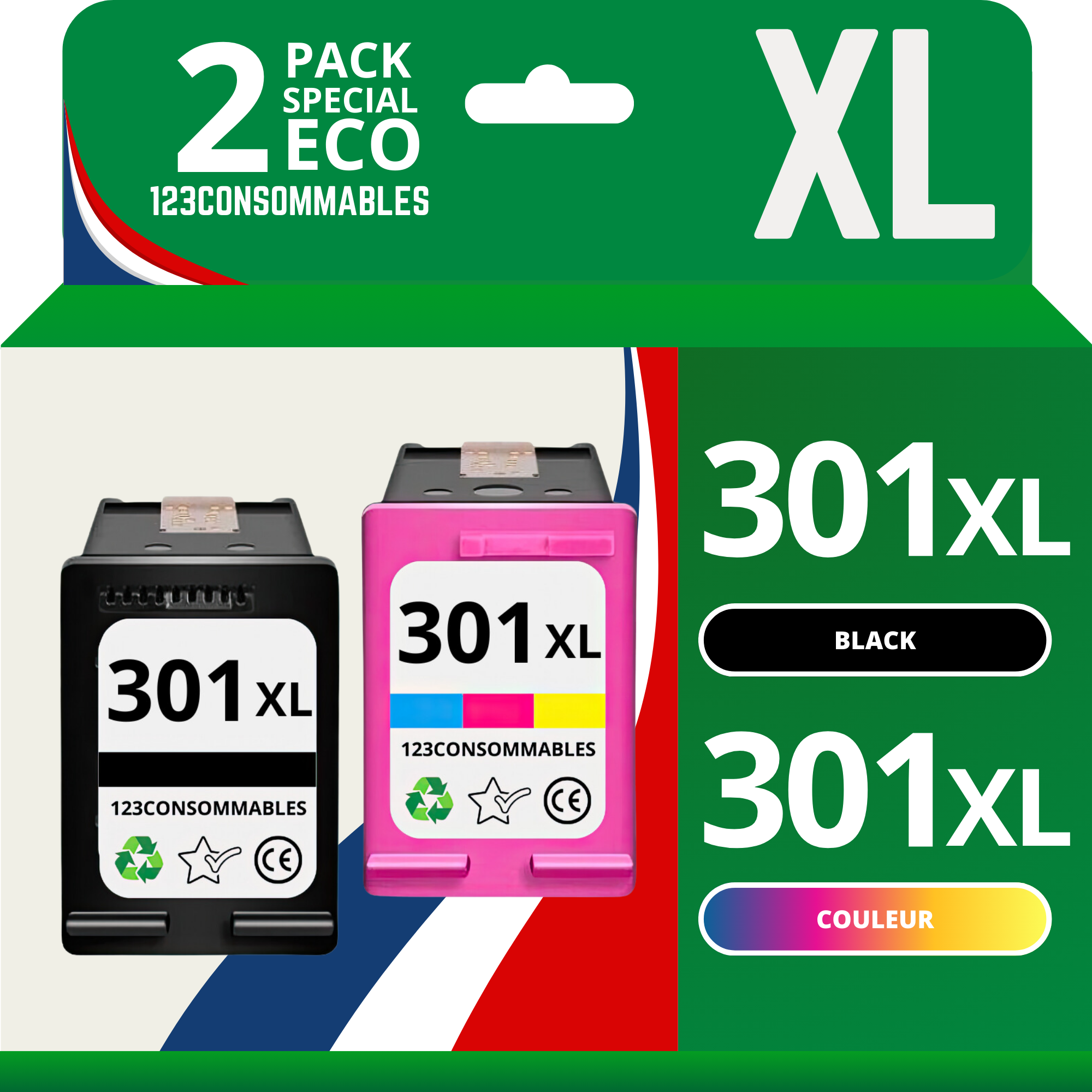 Pack 2 cartouches compatible avec HP 301 XL noir et couleur