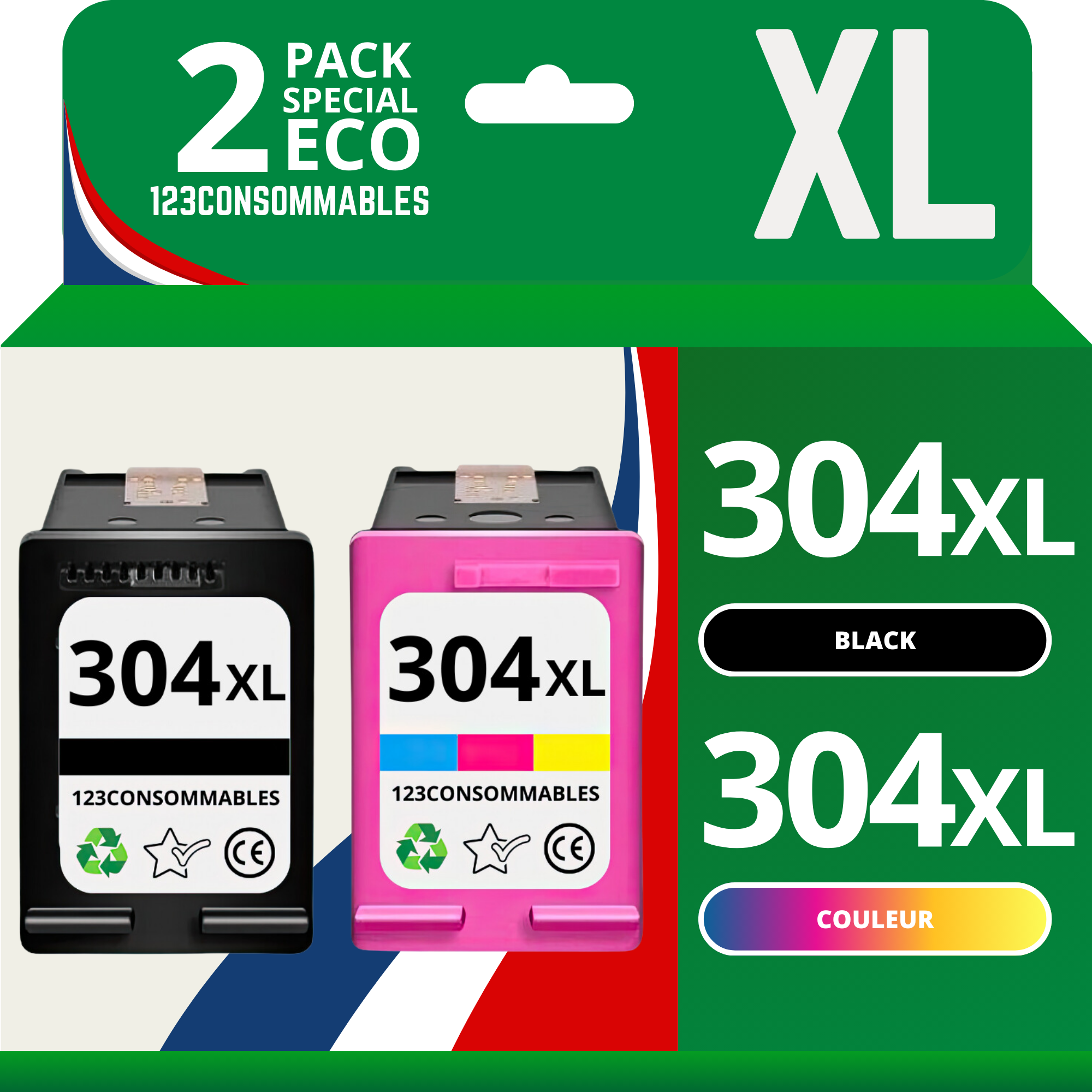 Pack 2 cartouches compatible avec HP 304 XL noir et couleur