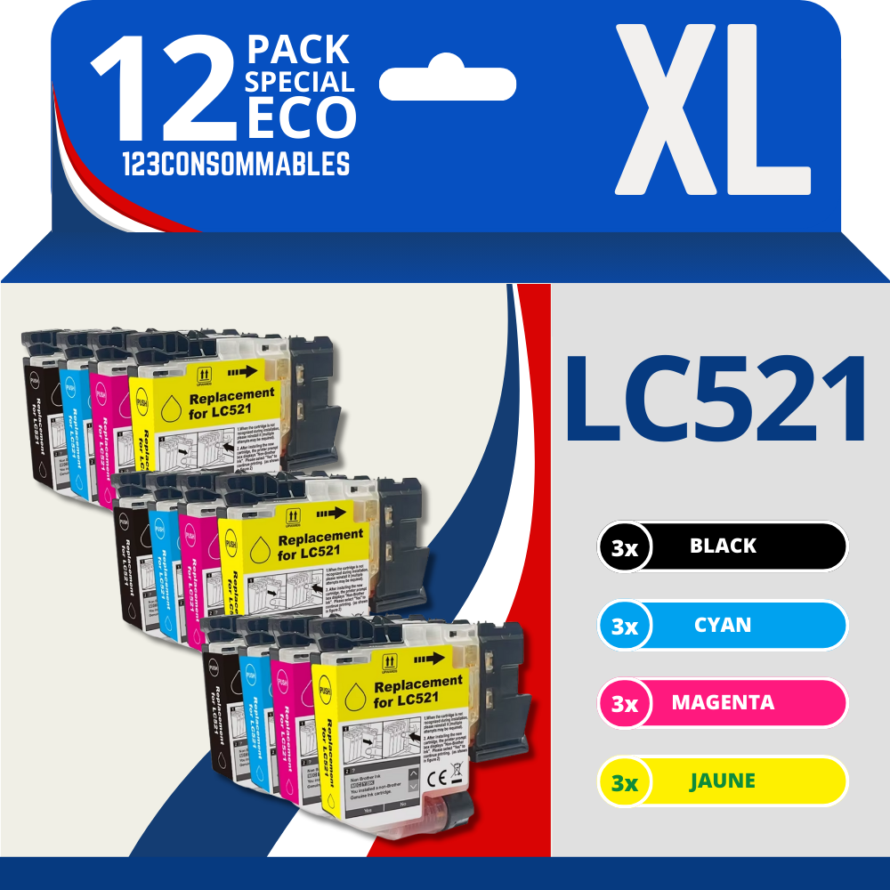 Pack compatible Brother LC521, 12 cartouches (remplace LC-521)