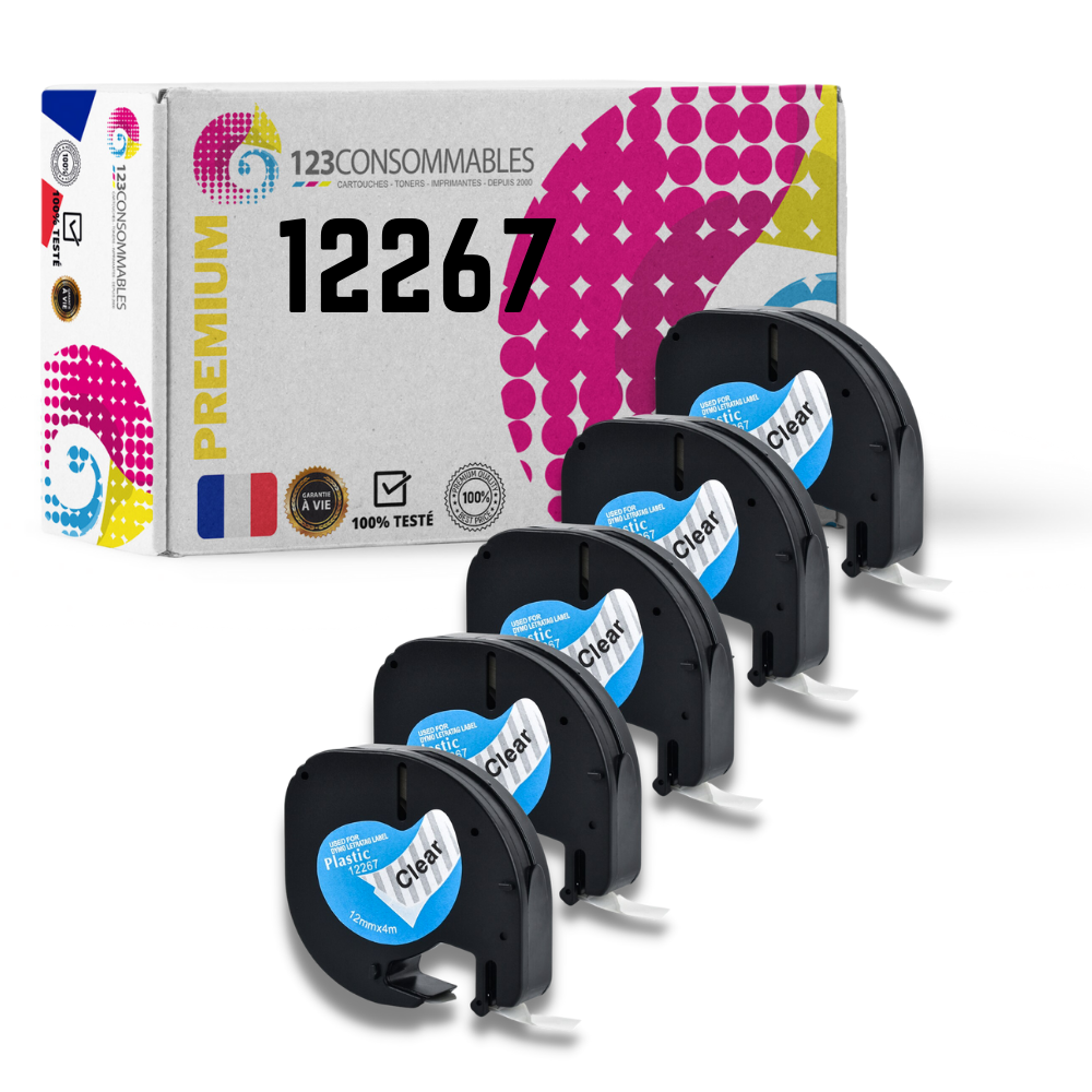 Pack de 5 Rubans compatible avec DYMO Letratag 12267 noir sur transparent