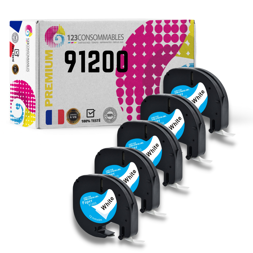 Pack de 5 Rubans compatible avec DYMO Letratag 91200 noir sur blanc
