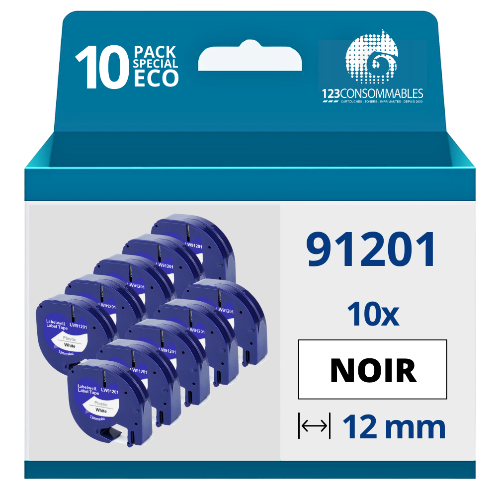 Pack de 10 Rubans compatible avec DYMO Letratag 91201 noir sur blanc