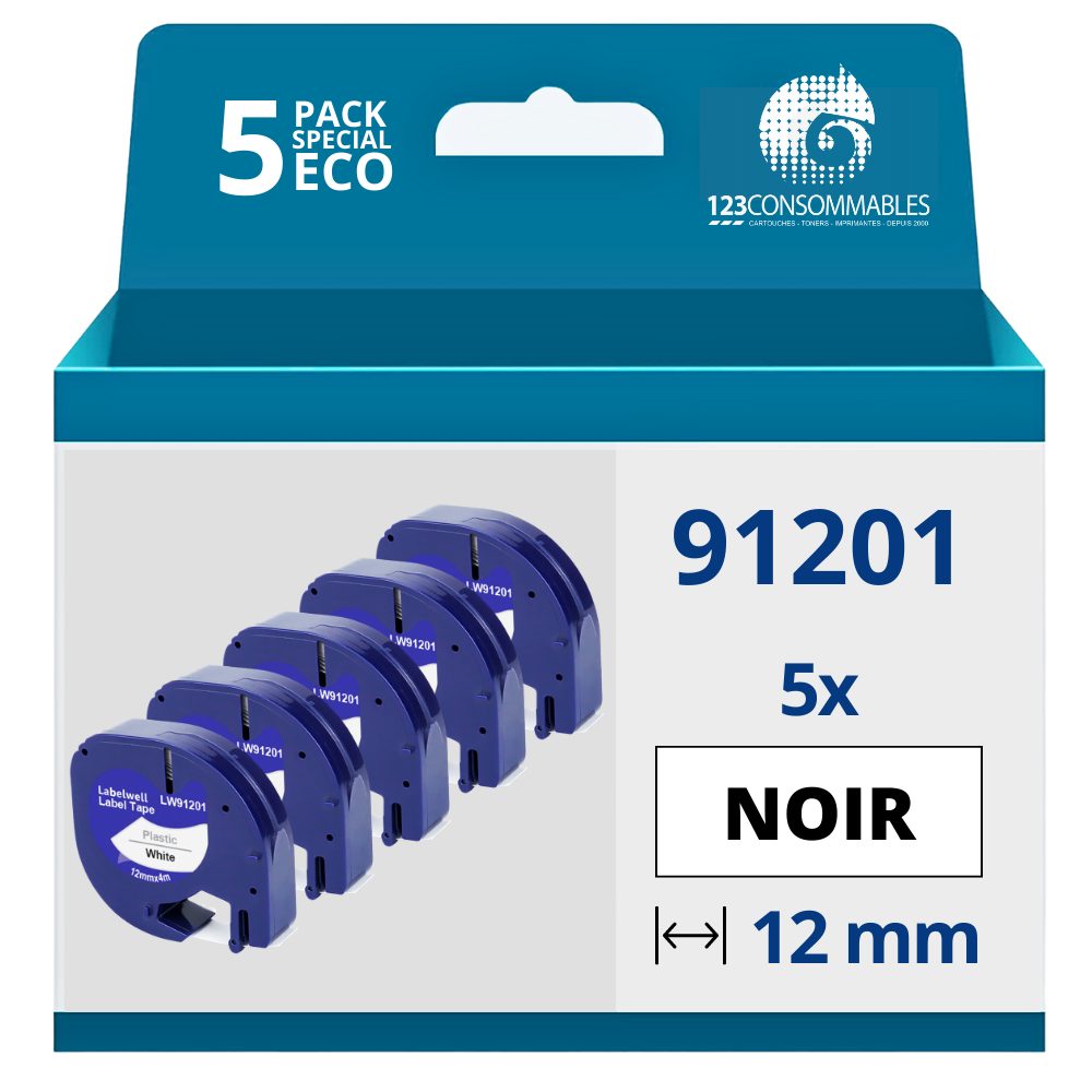 Pack de 5 Rubans compatible avec DYMO Letratag 91201 noir sur blanc