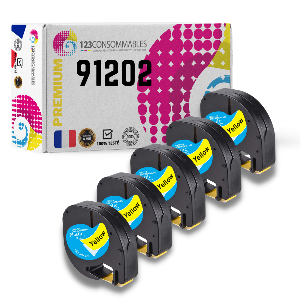 Pack de 5 Rubans compatible avec DYMO Letratag 91202 noir sur jaune