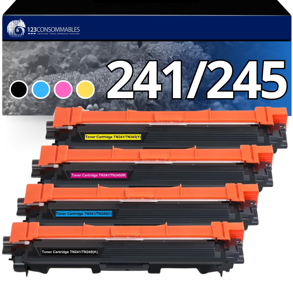 Compatible Brother TN241/245 noir et Couleur : LOT de 4 toners remplace les  toners Brother TN-241BK, TN-245C, TN-245M et TN-245Y