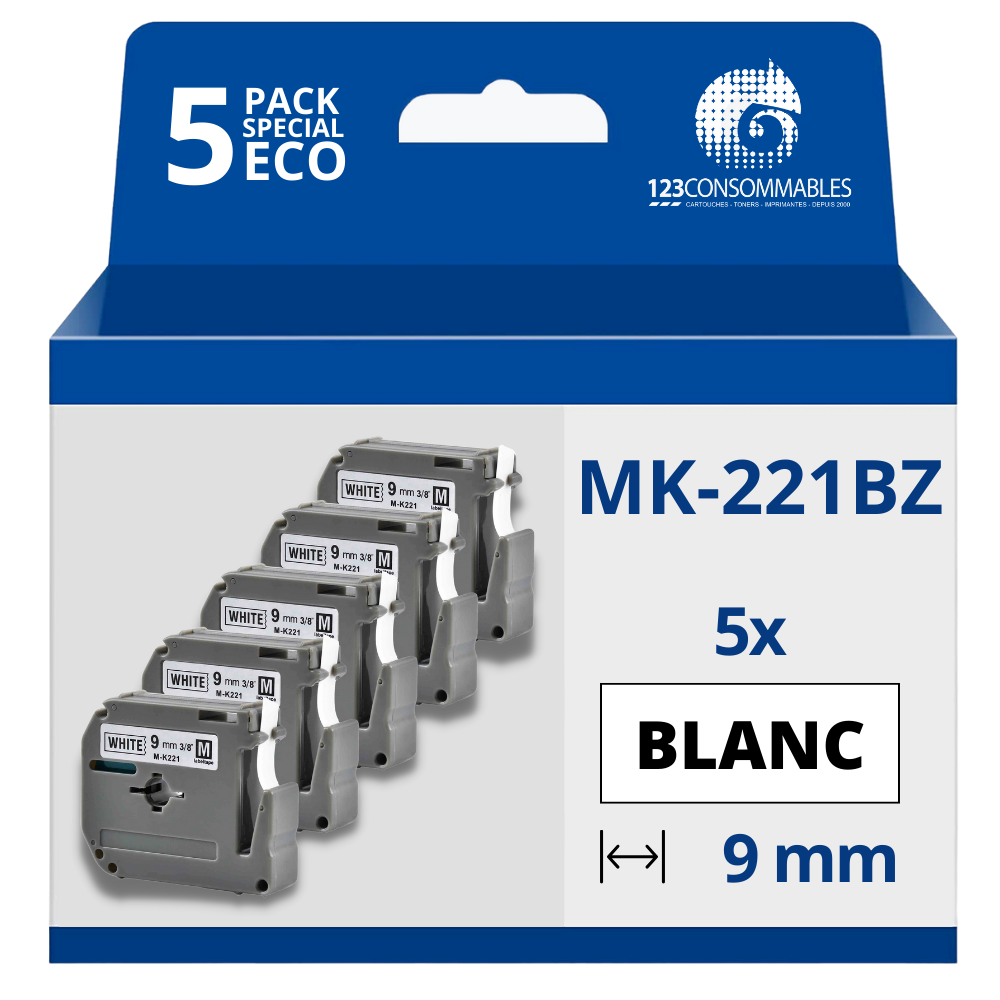 Pack de 5 Rubans compatible avec Brother MK-221BZ - Texte noir sur fond blanc - Largeur 9 mm x 8 mètres