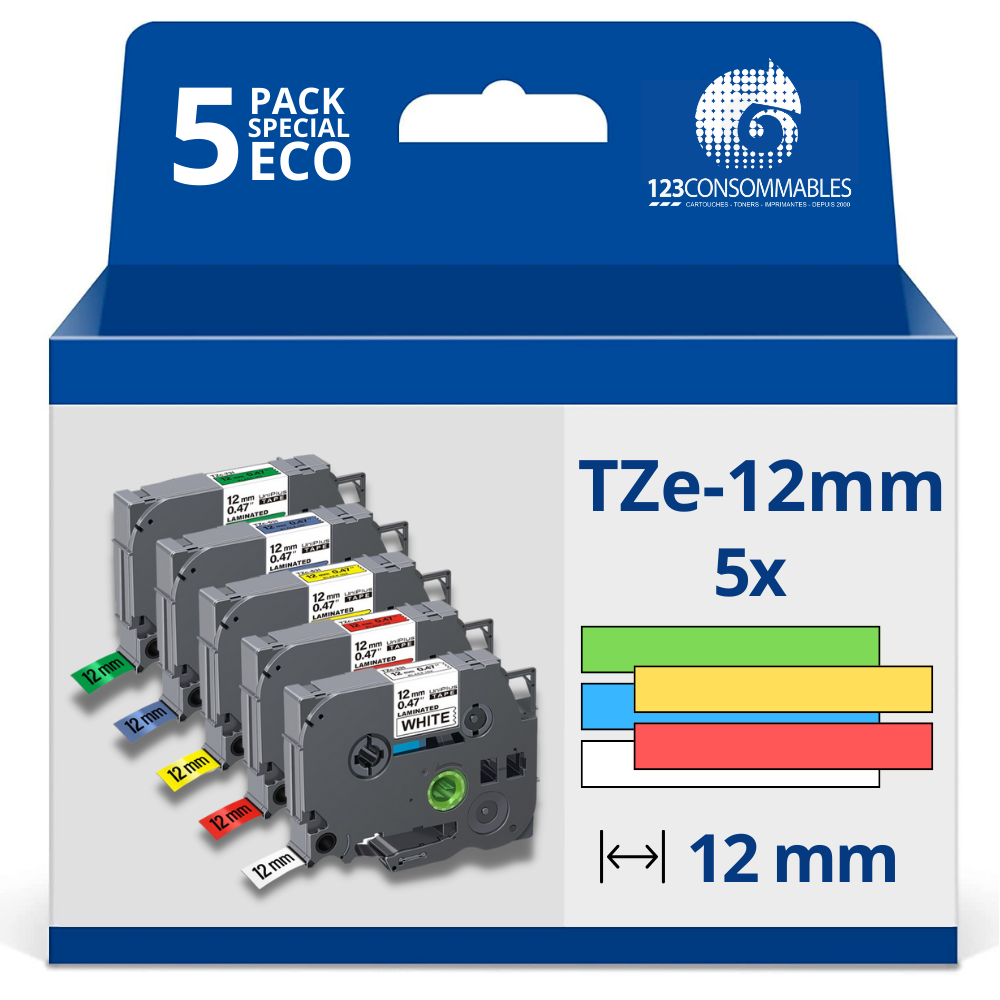 Pack de 5 Rubans adhésifs compatible avec Brother - Texte noir sur fond couleurs - Largeur 12 mm x 8 mètres