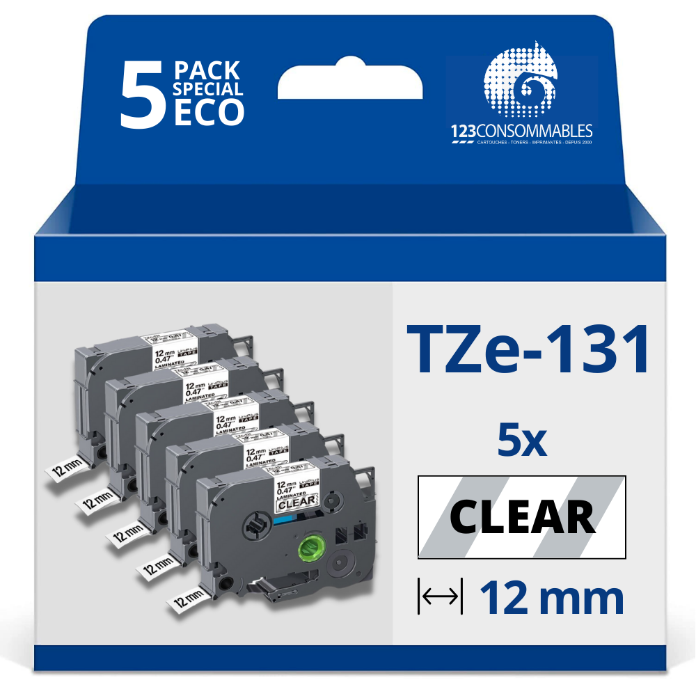 Pack de 5 Rubans adhésif compatible avec Brother TZe131 - Texte noir sur fond transparent - Largeur 12 mm x 8 mètres