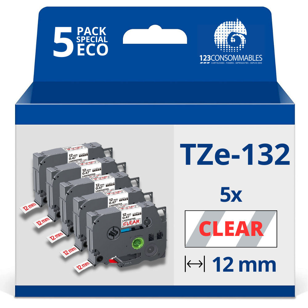 Pack de 5 Rubans adhésifs compatible avec Brother TZe132 - Texte rouge sur fond transparent - Largeur 12 mm x 8 mètres