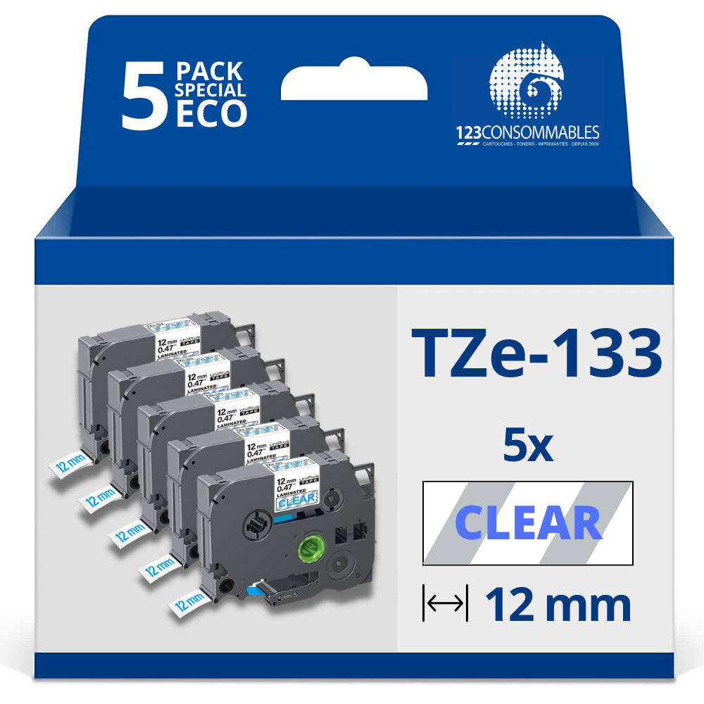 Pack de 5 Rubans adhésifs compatible avec Brother TZe133 - Texte bleu sur fond transparent - Largeur 12 mm x 8 mètres