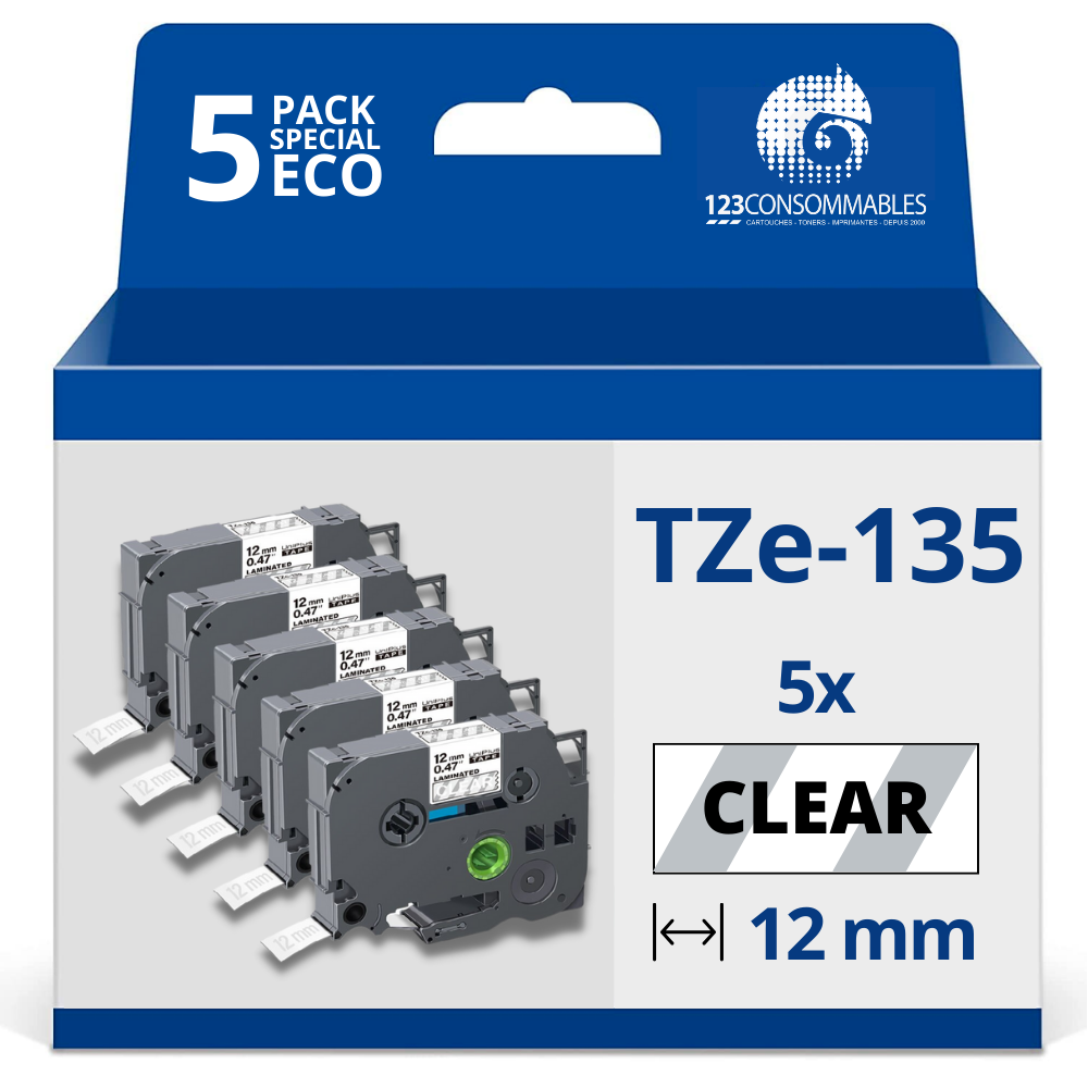 Pack de 5 Rubans adhésifs compatible avec Brother TZe135 - Texte blanc sur fond transparent - Largeur 12 mm x 8 mètres