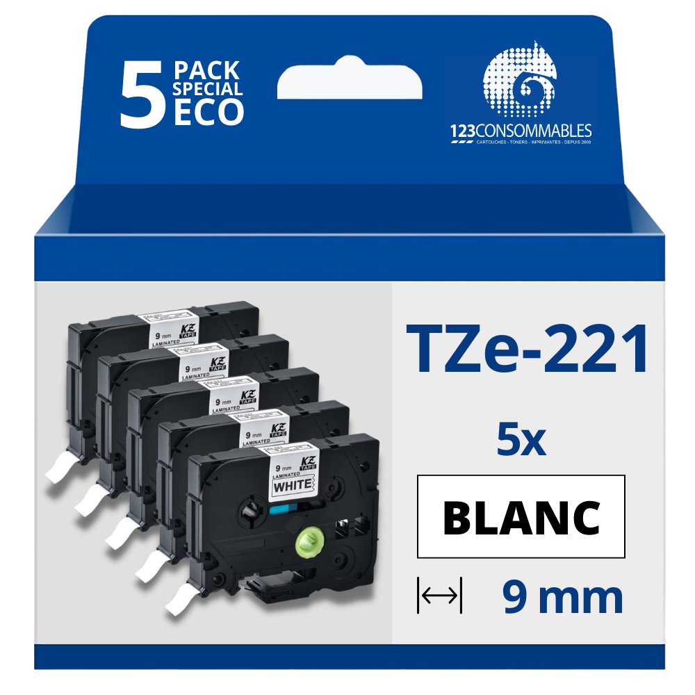 Pack de 5 Rubans compatible avec Brother TZe221 - Texte noir sur fond blanc - Largeur 9 mm x 8 mètres