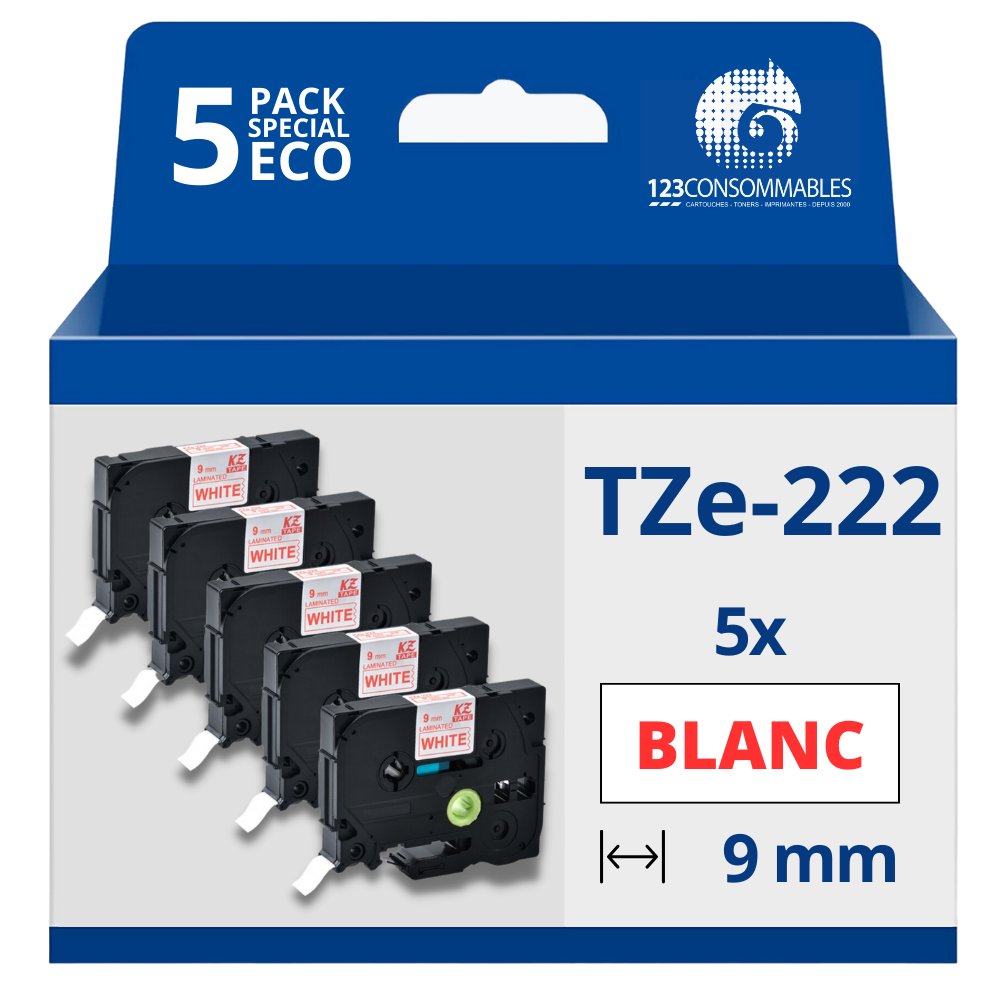 Pack de 5 Rubans compatible avec Brother TZe222 - Texte rouge sur fond blanc - Largeur 9 mm x 8 mètres