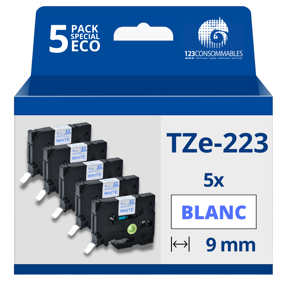 Pack de 5 Rubans compatible avec Brother TZe223 - Texte bleu sur fond blanc - Largeur 9 mm x 8 mètres