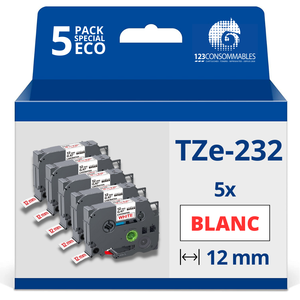 Pack de 5 Rubans adhésifs compatible avec Brother TZe232- Texte rouge sur fond blanc - Largeur 12 mm x 8 mètres