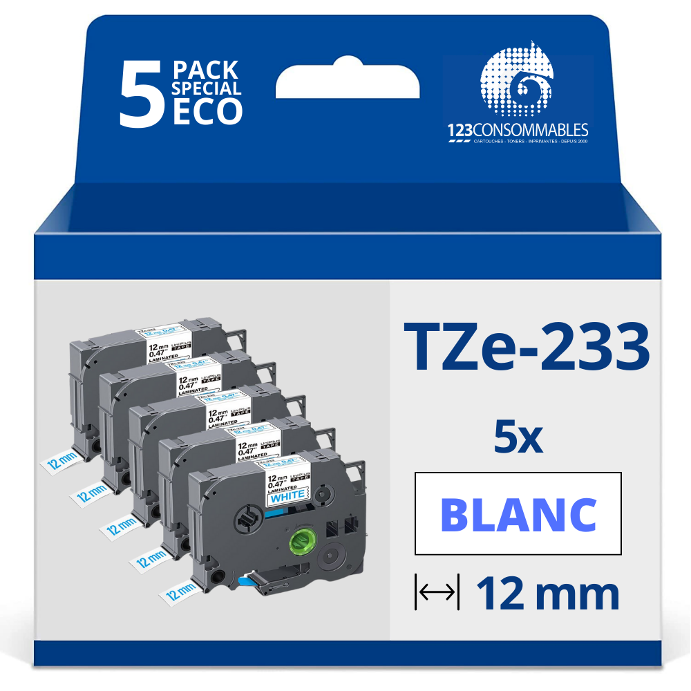Pack de 5 Rubans adhésifs compatible avec Brother TZe233- Texte bleu sur fond blanc - Largeur 12 mm x 8 mètres
