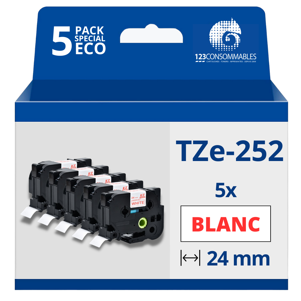 Pack de 5 Rubans compatible avec Brother TZe252- Texte rouge sur fond blanc - Largeur 24 mm x 8 mètres