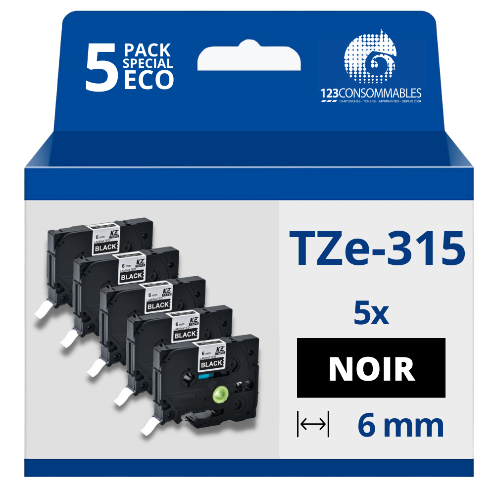 Pack de 5 Rubans compatible avec Brother TZe315- Texte blanc sur fond noir - Largeur 6 mm x 8 mètres