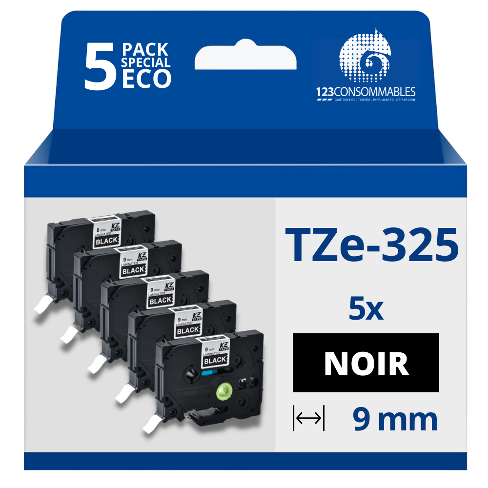 Pack de 5 Rubans compatible avec Brother TZe325 - Texte blanc sur fond noir - Largeur 9 mm x 8 mètres