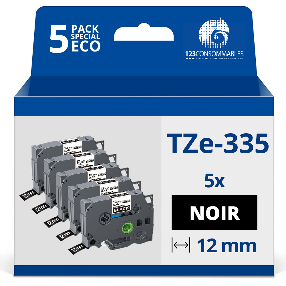 Pack de 5 Rubans adhésifs compatible avec Brother TZe335- Texte blanc sur fond noir - Largeur 12 mm x 8 mètres