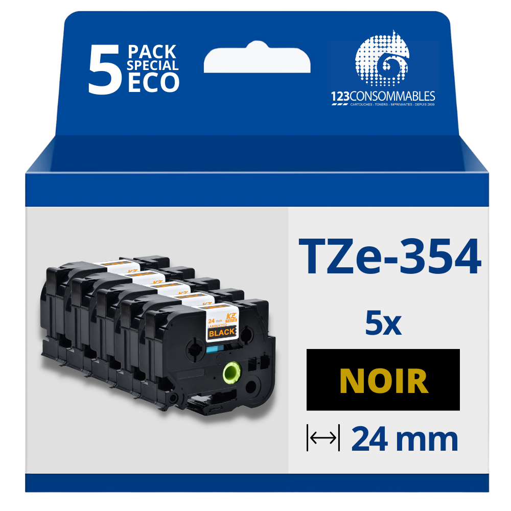 Pack de 5 Rubans compatible avec Brother TZe354- Texte doré sur fond noir - Largeur 24 mm x 8 mètres