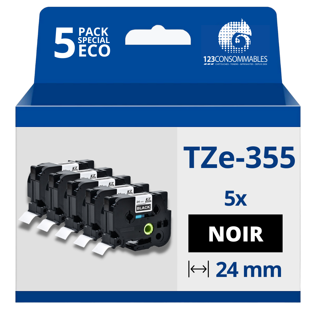 Pack de 5 Rubans compatible avec Brother TZe355 - Texte blanc sur fond noir - Largeur 24 mm x 8 mètres