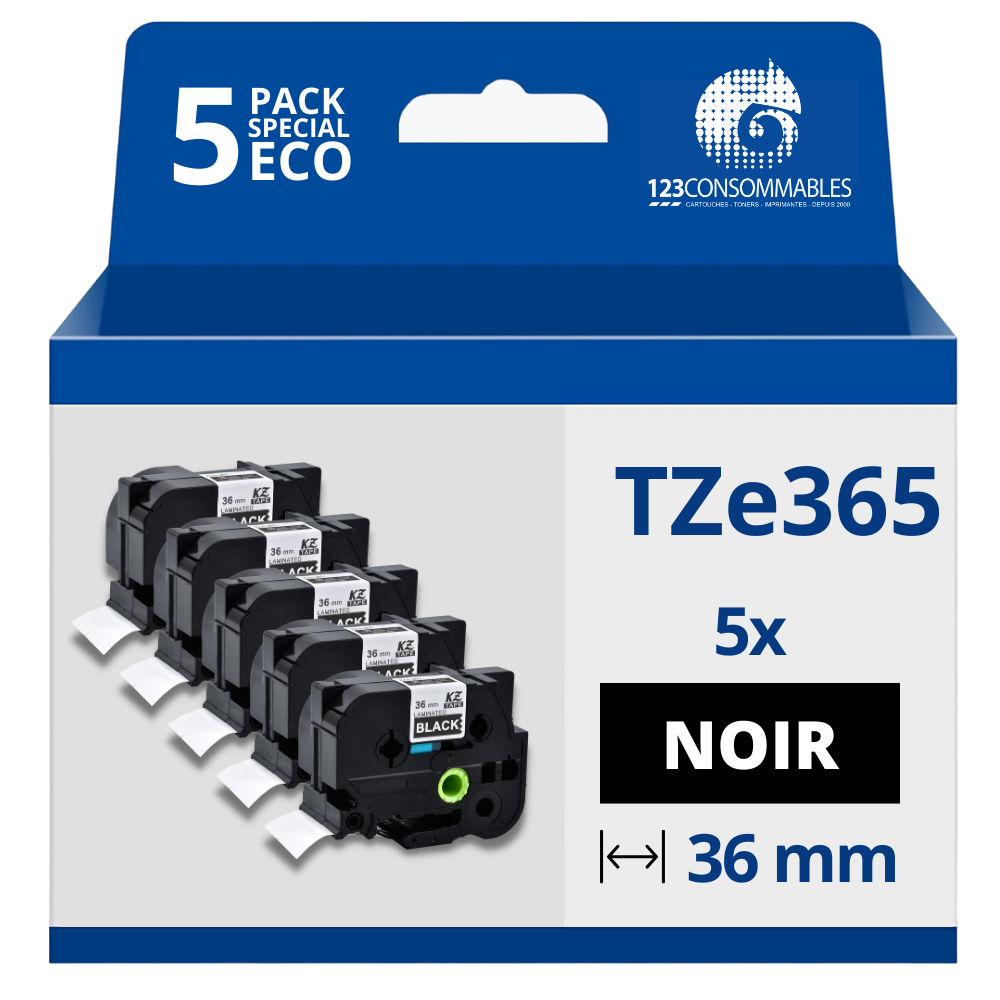 Pack de 5 Rubans compatible avec Brother TZe365- Texte blanc sur fond noir - Largeur 36 mm x 8 mètres