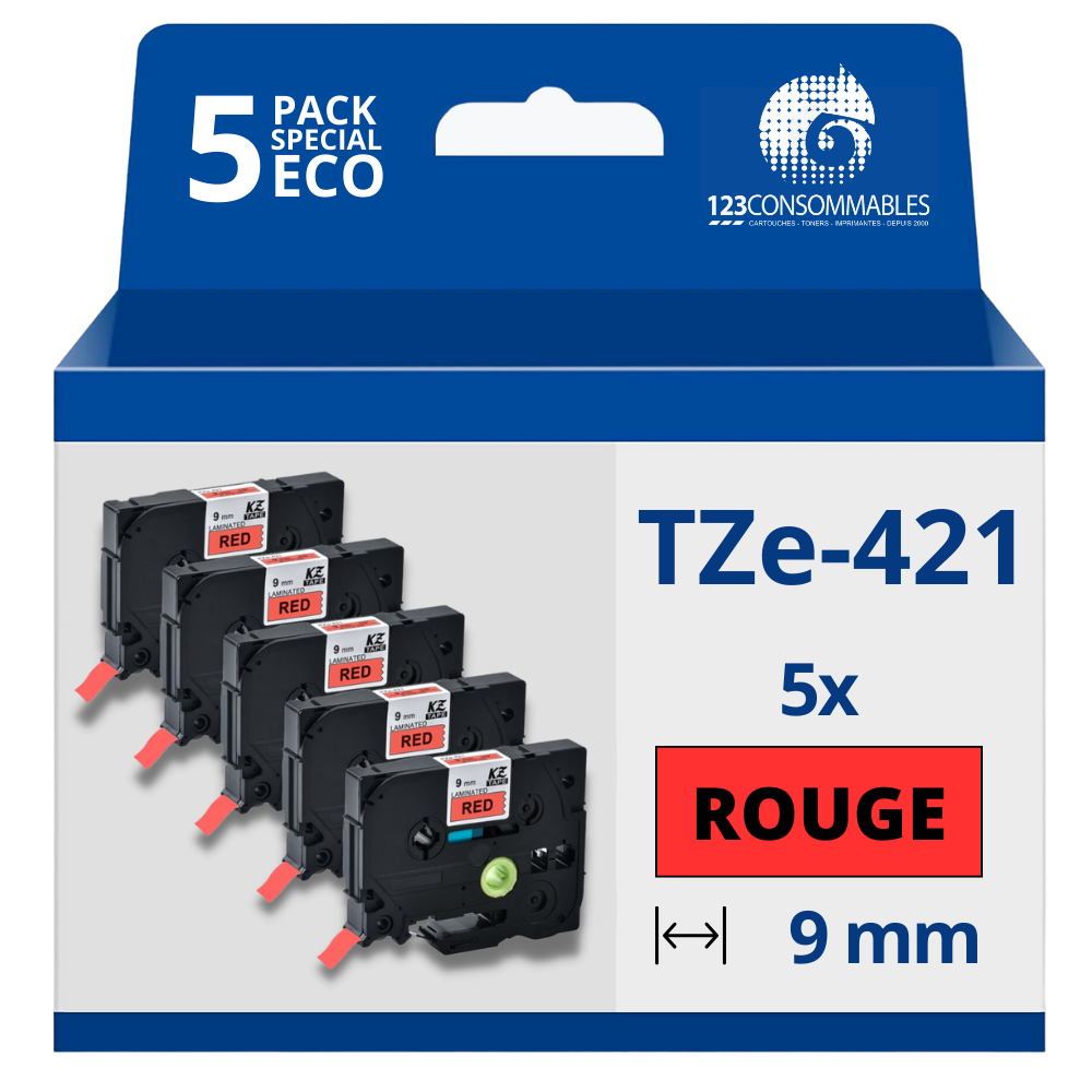 Pack de 5 Rubans compatible avec Brother TZe421- Texte noir sur fond rouge - Largeur 9 mm x 8 mètres