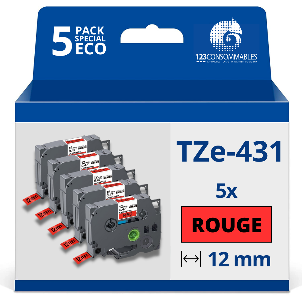 Pack de 5 Rubans adhésifs compatible avec Brother TZe431- Texte noir sur fond rouge - Largeur 12 mm x 8 mètres