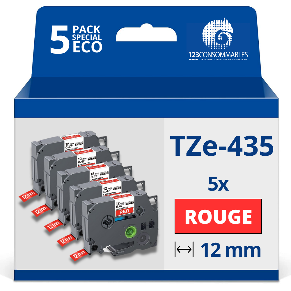 Pack de 5 Rubans adhésifs compatible avec Brother TZe435- Texte blanc sur fond rouge - Largeur 12 mm x 8 mètres