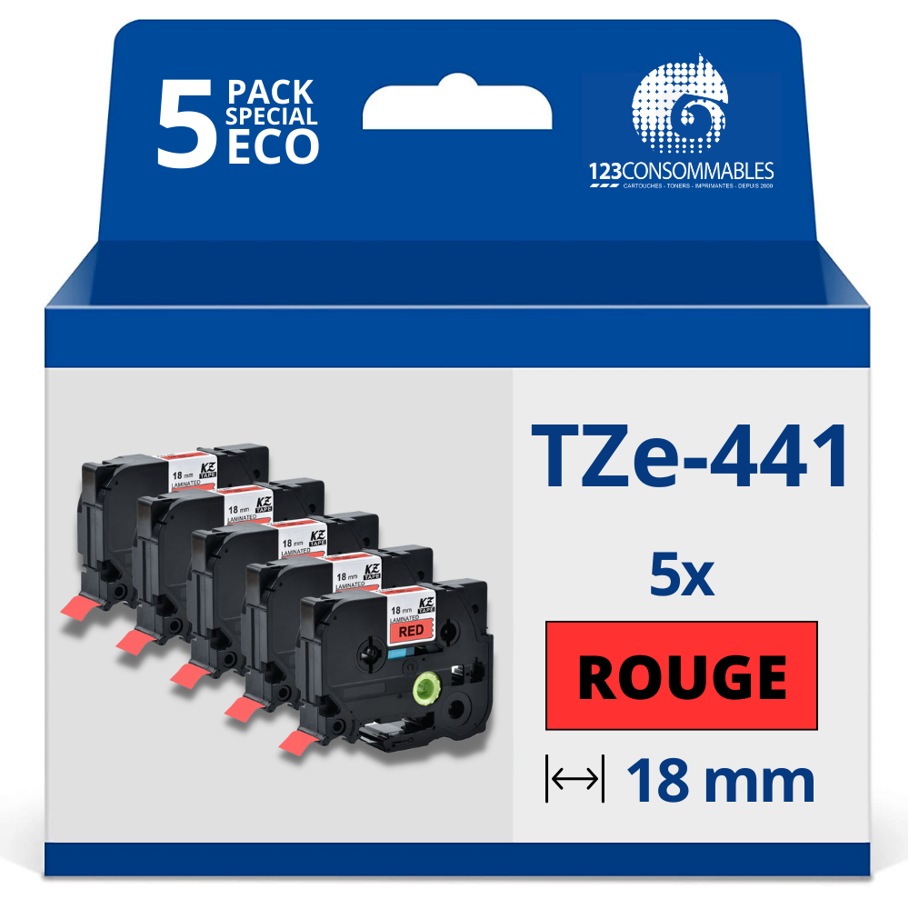 Pack de 5 Rubans compatible avec Brother TZe441 - Texte noir sur fond rouge - Largeur 18 mm x 8 mètres