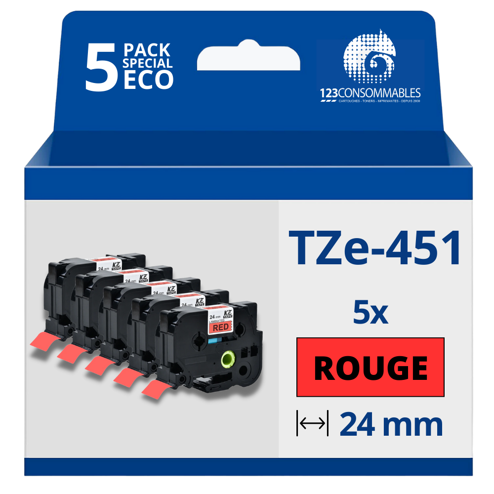 Pack de 5 Rubans compatible avec Brother TZe451 - Texte noir sur fond rouge - Largeur 24 mm x 8 mètres