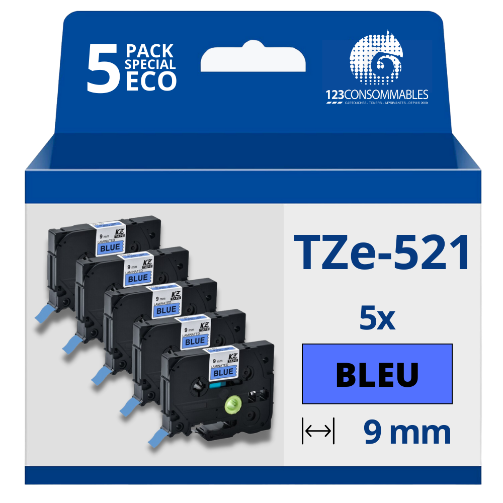 Pack de 5 Rubans compatible avec Brother TZe521- Texte noir sur fond bleu - Largeur 9 mm x 8 mètres