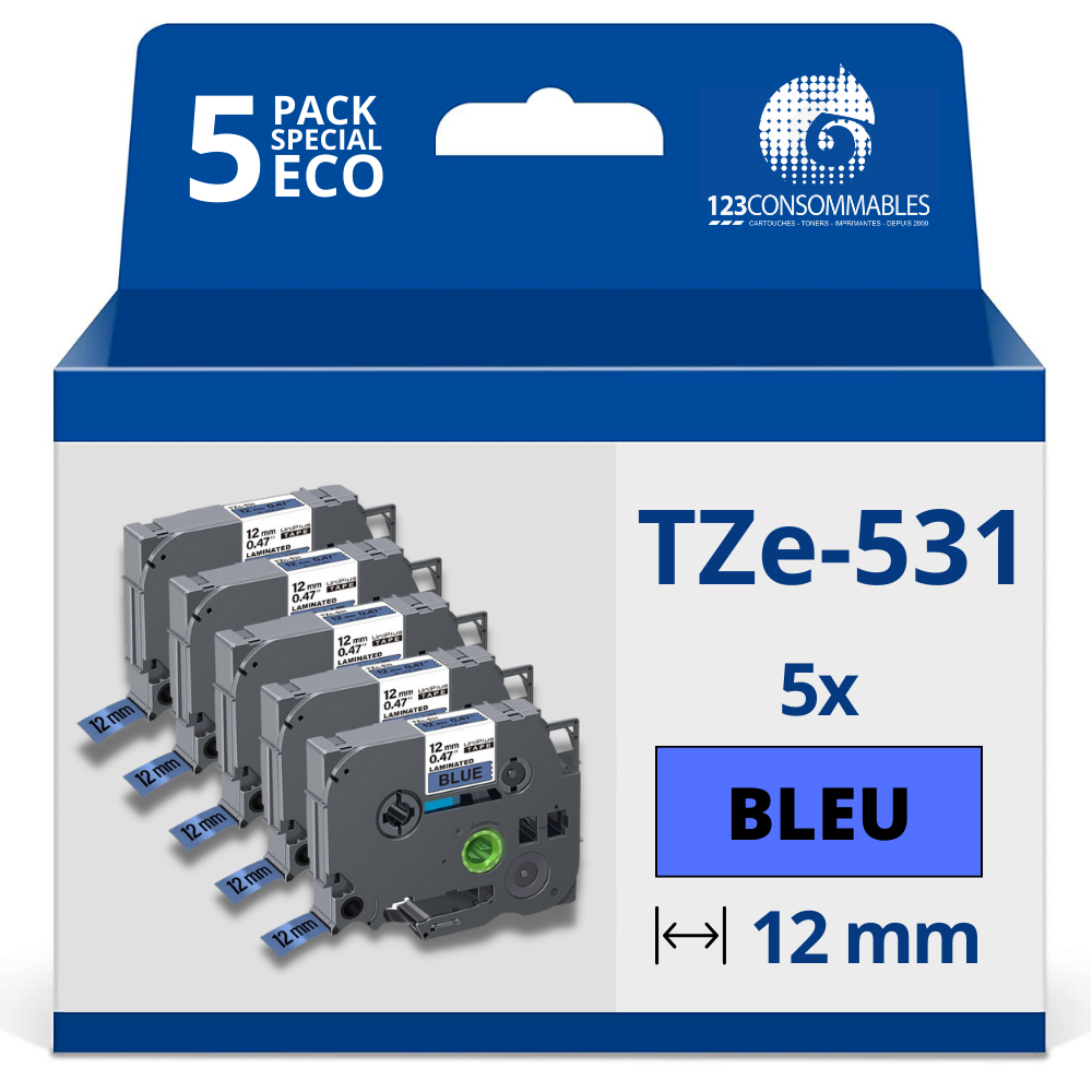 Pack de 5 Rubans adhésifs compatible avec Brother TZe531- Texte noir sur fond bleu - Largeur 12 mm x 8 mètres