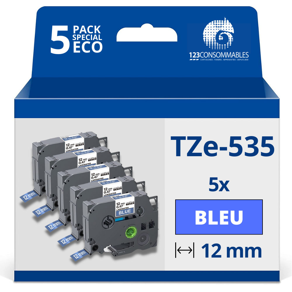 Pack de 5 Rubans adhésifs compatible avec Brother TZe535- Texte blanc sur fond bleu - Largeur 12 mm x 8 mètres